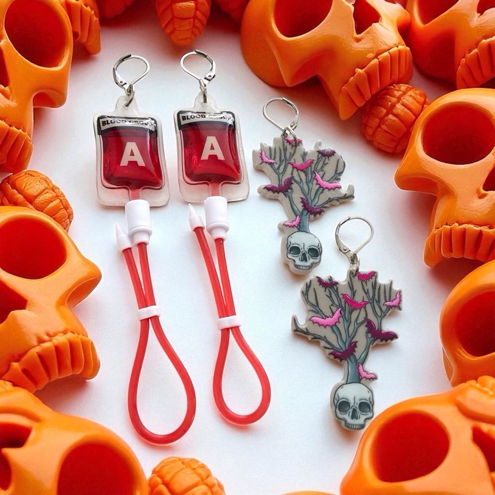 🆕 Blood Bag Type A and Tree Skull Earrings
